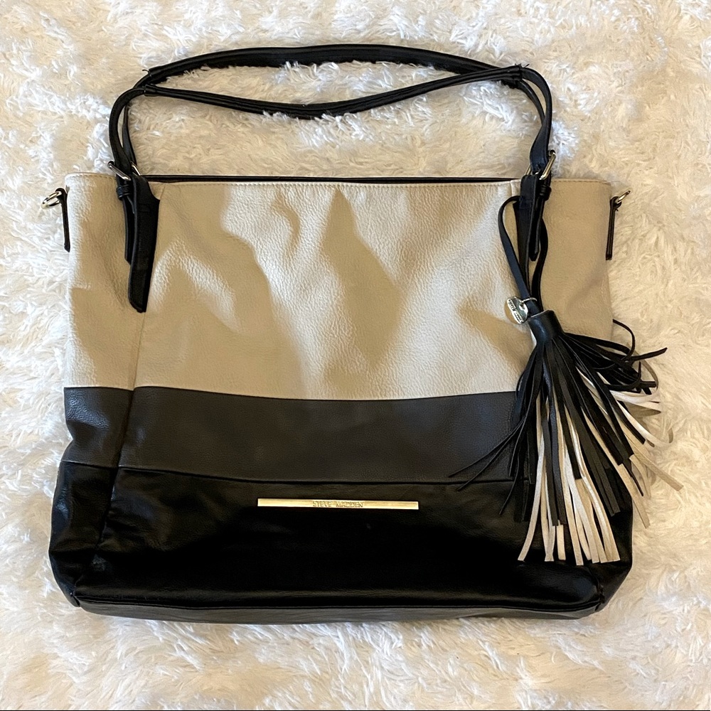 Steve Madden Tote Bag in black gray and white color block and tassel accent